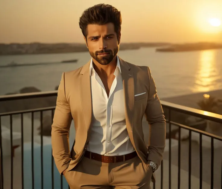 Nautical-themed (Photo:1.3) of (Ultrarealistic:1.3) <lora:Man_Men_FFashion:1> mike vogel a man <lora:Rithvik-Dhanjani_Mike-Vogel:1> in a tan suit standing on a balcony, sun behind him, inspired by Pablo Munoz Gomez, shot at golden hour, editorial photograph, midshot of a hunky, by Roman Bezpalkiv, by Artur Tarnowski, maxim sukharev, by Gabor Szikszai,Highly Detailed,(Mono Color:1.3) . Sea, ocean, ships, maritime, beach, marine life, highly detailed