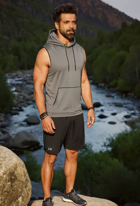 photo of mike vogel a man <lora:Rithvik-Dhanjani_Mike-Vogel:1>, wearing a sleeveless well-fitted under armour hoodie and compression shorts, standing on a boulder, outdoor trail, 35mm photograph, film, bokeh, professional, 4k, highly detailed, creek in the background, natural lighting, golden hour