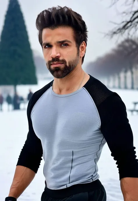 Ultra-detail, (highres:1.1), best quality, (masterpiece:1.3), Ultra Realistic cinematic Photo, dynamic posture posing in snowy park, mike vogel a man <lora:Rithvik-Dhanjani_Mike-Vogel:1>, from side, walking, fitness champion, handsome Mr. World, perfectly shaped, symmetrical muscled body with six-pack abs, pecs, biceps, thin waste, V-shaped back, symmetrical face, perfect jawline, modern haircut, dark blue eyes, high detailed white skin, high detailed face, realistic pupils, realistic eyes, high detailed eyes, realistic iris, 8k UHD, soft lighting, high quality, film grain,