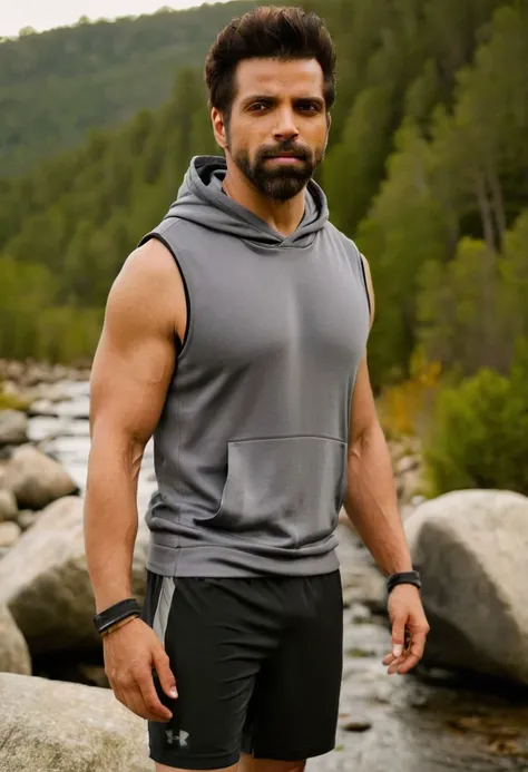 photo of mike vogel a man <lora:Rithvik-Dhanjani_Mike-Vogel:1>, wearing a sleeveless well-fitted under armour hoodie and compression shorts, standing on a boulder, outdoor trail, 35mm photograph, film, bokeh, professional, 4k, highly detailed, creek in the background, natural lighting, golden hour