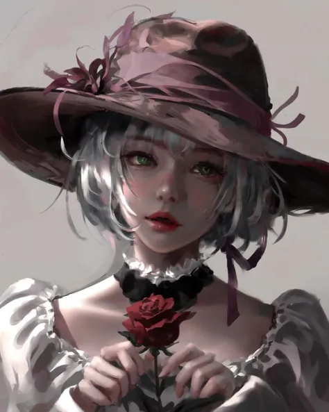 dal, nsfw, (realistic:1.3), (best quality, masterpiece, intricate detail:1.2), , 1girl, solo, looking at viewer, short hair, open mouth, simple background, shirt, long sleeves, hat, white background, ribbon, hair between eyes, green eyes, collarbone, upper body, flower, white hair, heart, frills, choker, tears, wide sleeves, symbol-shaped pupils, black headwear, rose, heart-shaped pupils, hat ribbon, red flower, third eye, pink flower, red rose, hat flower, eyeball, heart of string, string, orange flower,