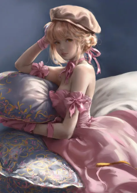 dal, (realistic:1.3), (intricate detail:1.2), 1girl, artist_request, beret, blonde_hair, dress, gloves, hat, hug, lambdadelta, lowres, object_hug, orange_eyes, pillow, pillow_hug, pink_dress, pink_headwear, pink_theme, ribbon, short_hair, sitting, solo, umineko_no_naku_koro_ni, dynamic pose, seashell theme,