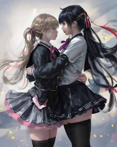 dal, nsfw, (realistic:1.3), (best quality, masterpiece, intricate detail:1.2), , 2girls, akemi_homura, bad_id, bad_pixiv_id, bow, gunp, hair_ribbon, kaname_madoka, long_hair, mahou_shoujo_madoka_magica, multiple_girls, pantyhose, ribbon, school_uniform, skirt, thighhighs, twintails,