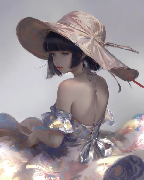 dal, , (best quality, masterpiece, intricate detail:1.2), , 1girl, ass, bangs, bare_shoulders, blunt_bangs, blush, dress, hand_on_headwear, hat, hime_cut, long_hair, looking_at_viewer, looking_back, mole, mole_under_eye, simple_background, skirt, solo, sun_hat, sundress, white_background, white_skirt,