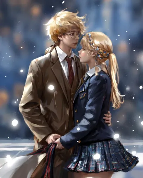 dal, nsfw, (realistic:1.3), (best quality, masterpiece, intricate detail:1.2), , 1boy, 2girls, blazer, blonde_hair, glasses, highres, jacket, multiple_girls, necktie, original, pageratta, pleated_skirt, scarf, school_uniform, skirt, speed_lines, spot_color, thought_bubble, twintails, unmoving_pattern,