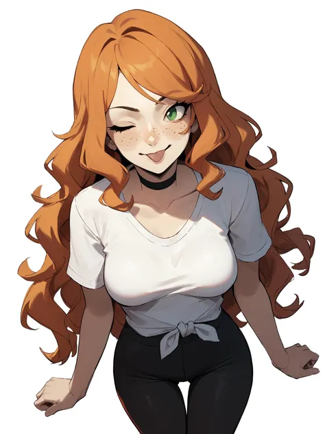 score_9, score_8_up, score_7_up, score_6_up, score_5_up, score_4_up,
BREAK
1girl, orange hair, wink, tongue out, green eyes, long hair, wavy hair, freckles, swept bangs,
BREAK
solo, medium breasts, white t-shirt, tied shirt, black yoga pants, black choker, thigh gap, skinny,
BREAK
(white background:1.2), simple background, dynamic pose, dynamic angle, angled shot, <lora:Lunas-Smewed-SDXL-A1:1>