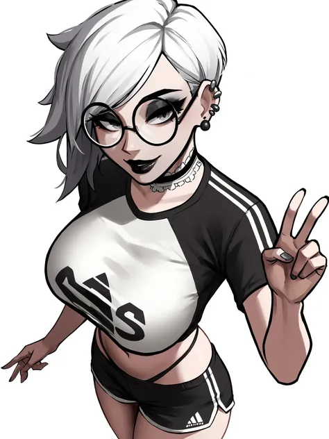 score_9, score_8_up, score_7_up, score_6_up, score_5_up, score_4_up,
BREAK
1girl, white hair, asymmetrical hair, straight hair, short hair, tomboy, grey eyes, thick lips, light smile, long eyelashes, half-closed eyes, black-framed eyewear, round eyewear, black choker, swept bangs, adult, mature, black eyeliner, ear piercing, black lips, grey eyeshadow, looking at viewer,
BREAK
solo, standing, large breasts, adult, skinny, peace sign, from above, wedgie, highleg, arched back, thigh gap, white crop to, black sport shorts, white stripes, patterned clothing, adidas, black thong, floral print choker, goth,
BREAK
(white background:1.2), simple background, dynamic pose, dynamic angle, angled shot, <lora:Lunas-Roresu-SDXL-A1:1>