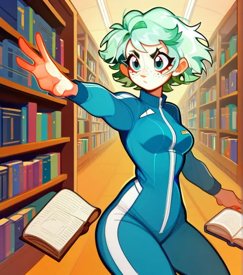 score_9_up, score_8_up, dynamic pose, cowboy shot, 1girl, short hair, light green hair, cyan eyes, pale skin, freckles, medium breasts, track suit, indoors, in a library, librarian, book shelves, books, <lora:Lunas-Fizzeru-SDXL-A1:1>