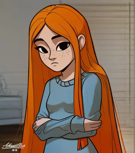 score_9_up, rating_safe, arms under own breasts, 1girl, very long hair, dark orange hair, black eyes, fair skin, freckles, small breasts, indoors, in an entryway, <lora:Lunas-Atanis69-SDXL-A1:1>