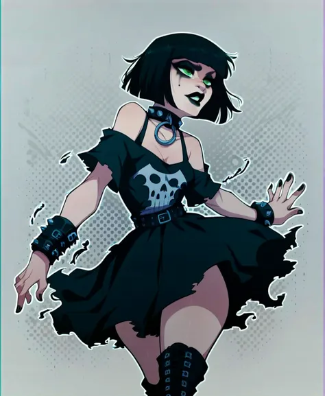 score_9_up, score_8_up, score_7_up, dynamic pose, cowboy shot, 1girl, goth girl, black hair, short hair, green eyes, goth makeup, dark makeup, gothic, (black lips), small breasts, collar, platform boots, <lora:Lunas-Atanis69-SDXL-A1:1>