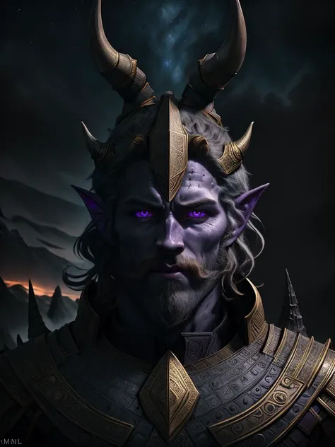 handsome pale draconian BrianAI-1750, portrait, (masterpiece), realistic, cinematic light,  perfect anatomy, dragon horns BREAK (beautiful purple eyes) BREAK
night sky moonlight, starry background,
pointy ears, (blackish AsgardAI scaly skin:1.3),
hyperdetailed painting, luminism, 4k resolution,
Soft Lighting, Photographic Realism,
3d rendering, octane rendering, <lora:AsgardAI:1>