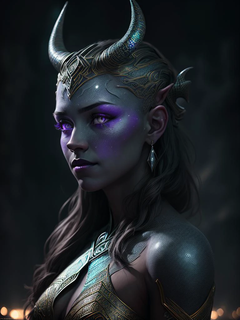 cute pale draconian maiaiv2-1750, portrait, (masterpiece), realistic, cinematic light, perfect anatomy, dragon horns BREAK (beautiful purple eyes) BREAK
night sky moonlight, starry background,
pointy ears, medium breasts, (blackish AsgardAI scaly skin:1.3),black lips, black eye shadow,
hyperdetailed painting, luminism, 4k resolution,
Soft Lighting, Photographic Realism,
3d rendering, octane rendering, <lora:AsgardAI:1>