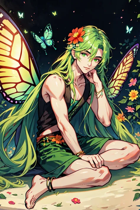 1boy, young male, teen, fairy, innocent face, cute face, youthful face, black eyes, fairy wings, flower fairy wings, pink fairy wings, long hair, green hair, thin body, short, sexy, skimpy, loincloth, flowers, plants on body, plant body, flowers in hair, plant outfit