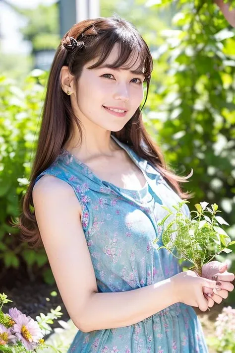 1girl, (wearing a sleeveless dress:1.6),(RAW photo, best quality), (realistic, photo-realistic:1.4), masterpiece, an extremely delicate and beautiful, extremely detailed, 2k wallpaper, Amazing, finely detail, extremely detailed CG unity 8k wallpaper, ultra-detailed, highres, soft light, beautiful detailed girl, extremely detailed eyes and face, beautiful detailed nose, beautiful detailed eyes,cinematic lighting,(in the garden:1.8),perfect anatomy,slender body,(smile:1.4),(young girl:1.4),(close up:2.4),(look at viewer:1.4),(front view:2.0),cinematic angle,(wavy long hair:1.2),standing,(cleavage:0.8), <lora:iwaiemiri_lora-04:0.8>