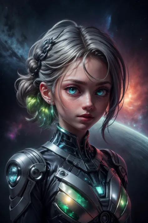 (masterpiece, best quality), photorealistic rendering, stylized digital art, colorful paint style, <lora:add_detail:1>, <lora:anime3d:0.75>, <lora:3DMM_V12:0.25>, 3DMM,
1 girl, adult (elven:0.7) woman, freckles, blue eyes, gray prom hairstyle,
(style-swirlmagic:0.7), portrait, solo, upper body, looking at viewer, detailed background, detailed face, (<lora:SolarpunkAI:0.6>, green-powered, solarpunk theme:1.1) (glowing eyes:1.05), starfarer, zodiac, at peace, serene, virgo, patterns, celestial power, stars, bright green lights, glow, shine, transcendence, cosmic space background, ethereal atmosphere,