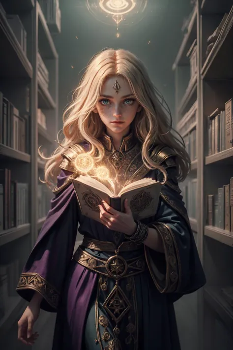 (masterpiece, best quality), photorealistic rendering, stylized digital art, <lora:add_detail_v5:1>, <lora:anime3d:0.75>, <lora:3DMM_V12:0.25>, 3DMM,
1 girl, adult (elven:0.7) woman, freckles, ruby eyes, medium blonde hair flaps,
Style-GravityMagic, looking at viewer, solo, (full body:0.6), detailed background, detailed face, (<lora:GlyphTech:0.5>, glyphs, scifi, glyphtech theme:1.1) evil sorcerer, tattered light green magical robes, sinister smirk, purple color scheme, dark crimson light, library, bookshelves, dark atmosphere, shadows, realistic lighting, floating particles, sparks, surrounded by yellow lightning <lora:LightingVFX:0.1>, summoning, green arcane symbols, corrupted by eldritch power,
