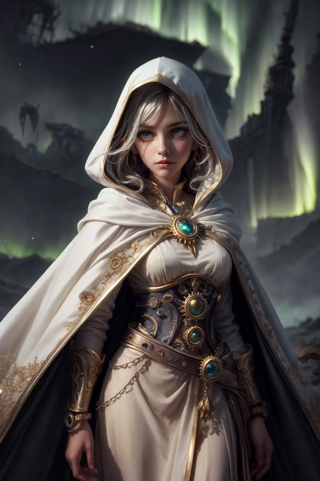 (masterpiece, best quality), photorealistic rendering, stylized digital art, <lora:add_detail:1>, <lora:anime3d:0.75>, <lora:3DMM_V12:0.25>, 3DMM,
1 girl, adult (elven:0.7) woman, silver eyes, yellow messy hair,
solo, upper body, detailed background, detailed face, (<lora:SteamPunkBundleV3:0.4>, cogpunkai, cogpunk theme:1.1), prophet of the moon, stoic expression, dynamic pose, white hooded priest clothes, cape, jeweled crescent moon brooch, lunar cycle , , eerie glow, , lunar dreams, concentrating mystical cosmic energy, beams of silvery moonlight, calm before the storm, aurora borealis in background, mystical dark atmosphere,