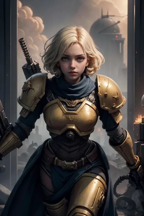 (masterpiece, best quality), aesthetic illustration, stylized digital art, <lora:add_detail_v5:1>, <lora:anime3d:0.75>, <lora:3DMM_V12:0.25>, 3DMM,
1 girl, adult woman, red eyes, platinum blonde twin drills hair,
style-rustmagic, solo, (full body:0.6), looking at viewer, detailed background, detailed face, (warhammer 40k theme:1.1), warhammer 40k space marine, face, wearing brown bulky power-armor, melter weapon, energy shield, cloak, augmented, cruel gaze, movement, religious iconography, codex symbols, purity seals, scrolls, salamanders chapter, space marine banner in background, grim-dark atmosphere,