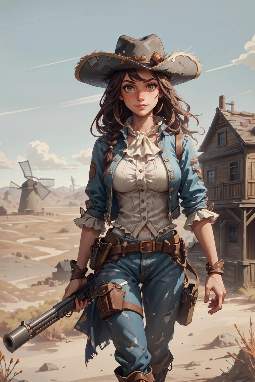 <lora:add_detail_v5:0.75>, <lora:stylesqueeze_v1b:1.0>, <lora:anime3d:0.5>, <lora:sharpen-soften:-0.5>,
1 girl, adult (elven:0.7) woman, freckles, dark brown eyes, copper fishtail braid,
(bloody scars:0.7), looking at viewer, focus on character, solo, (full body:0.6), detailed face, (<lora:MusketPunkAI:0.6>, MusketPunkAI theme:1.1), bandit, wild west hat, tilted hat, holster, rolled up sleeves, walking, evil smile, 18th century wild west, american frontier, wild west era ranch with windmill in background, desert backdrop, sunshine, epic atmosphere, arid,