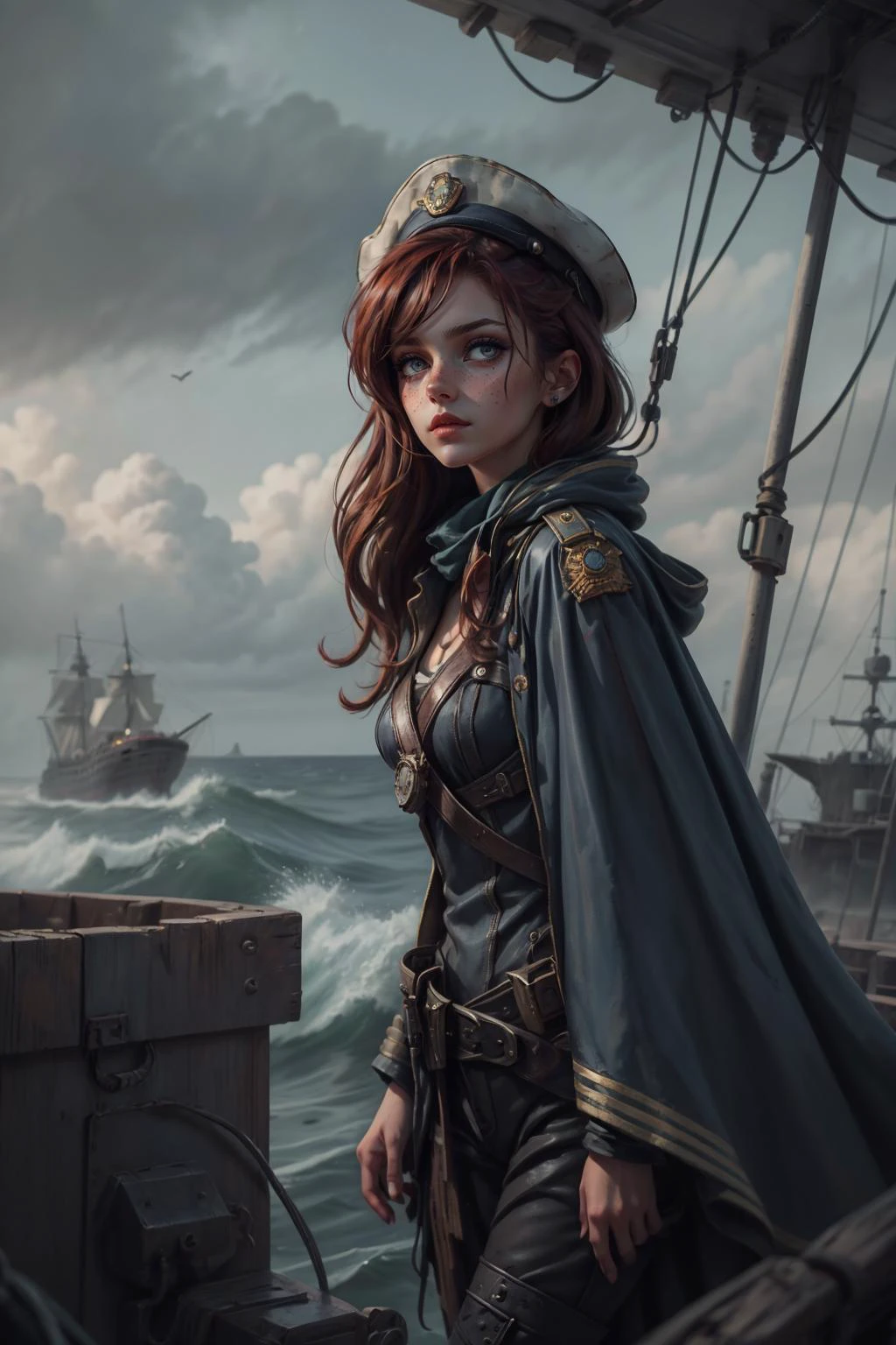 (masterpiece, best quality), aesthetic illustration, colorful paint style, <lora:add_detail_v5:1>, <lora:anime3d:0.75>, <lora:3DMM_V12:0.25>, 3DMM,
1 girl, adult (elven:0.7) woman, freckles, grey-blue eyes, dark red fringe hair,
solo, half shot, looking at viewer, detailed background, detailed face, (<lora:postapocalypseAI:0.4>, postapoAI, post-apocalyptic theme:1.1), ship captain, serious, dark brown captain uniform, elegant cloak, tricorn hat, flag, dynamic pose, in dock, sails, rail, ship wheel, nautical tools, ocean waves on the horizon, sunny, dramatic lighting, strategy, tense atmosphere,