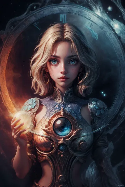 (masterpiece, best quality), stylized digital art, abstract and colorful paint style, <lora:add_detail:1>, <lora:anime3d:0.75>, <lora:3DMM_V12:0.25>, 3DMM,
1 girl, adult (elven:0.7) woman, freckles, aquamarine eyes, copper beach waves hair,
(style-swirlmagic:1.0), solo, (full body:0.6), looking at viewer, detailed background, detailed face, (<lora:DecorationBundlev2:0.3>, AzulejoAI, azulejo theme:1.1) glowing eyes, (time mage:1.1), weightless, endless geometry, swirling patterns, hourglass, clockwork, clock gears, time, light aura, cosmic space in background, ethereal atmosphere,