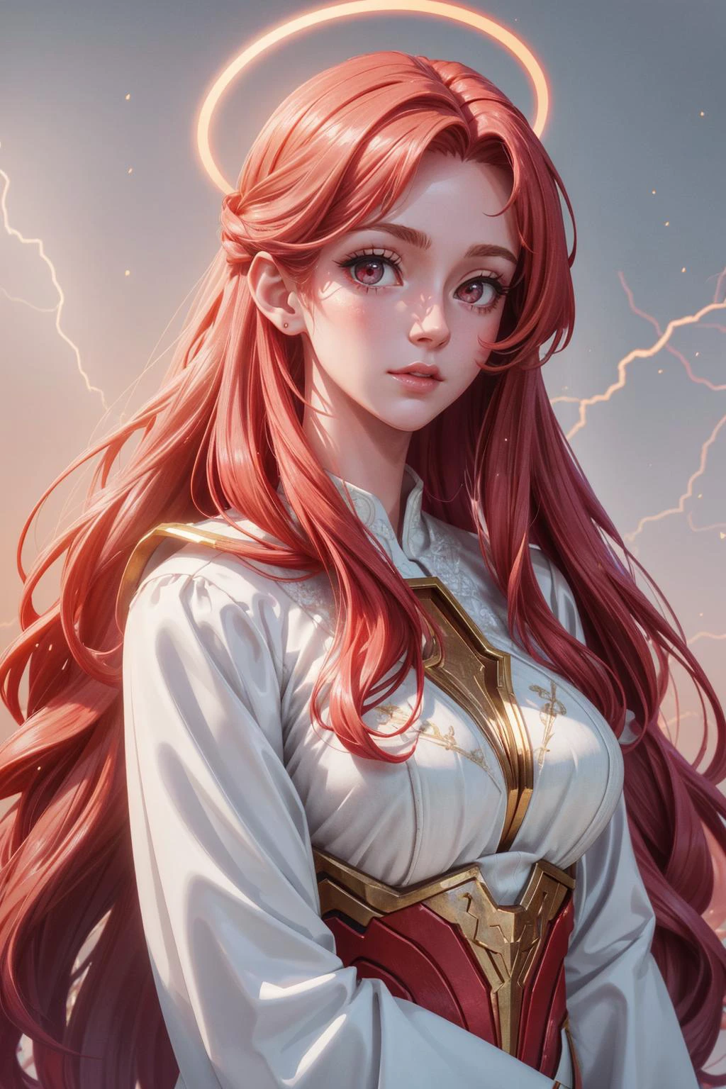 <lora:add_detail:0.75>, <lora:stylesqueeze_v1b:1.0>, <lora:anime3d:0.25>, <lora:sharpen-soften:-0.5>,
1 girl, adult (elven:0.7) woman, red eyes, ginger textured hair,
portrait, looking away, solo, (full body:0.6), detailed background, close up, shining (<lora:ldv2:0.6>, glowing, white, Lightning theme:1.1), divine deity of love, soft smile, bright eyes, flowers, red light, pink ethereal background, majestic divine atmosphere, bright light, holy aura, bloom, halo above head, divine light, white clothes, silver embroidery,filigree, relaxed composure,