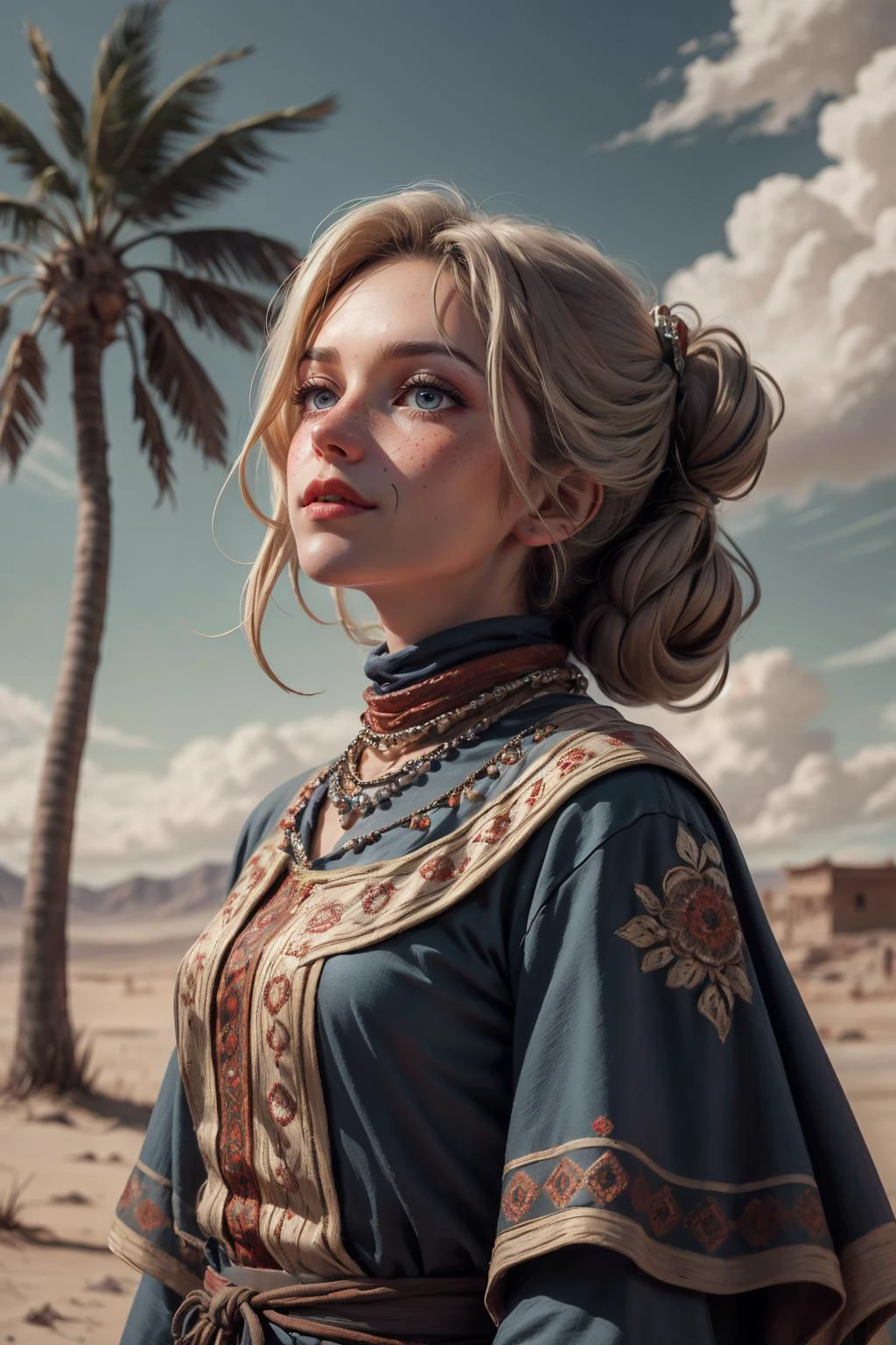 (masterpiece, best quality), photorealistic rendering, stylized digital art, <lora:add_detail_v5:1>, <lora:anime3d:0.75>, <lora:3DMM_V12:0.25>, 3DMM,
1 girl, adult woman, freckles, grey-blue eyes, auburn half-up half-down hairstyle,
Style-GravityMagic, portrait, solo, (full body:0.6), looking up, detailed background, detailed face, (<lora:MongolPunkAI:0.6>, MongolPunkAI, mongolian steppe nomad theme:1.1) middle-eastern desert noble, dark blue andalusian garments, ornate jewels, shawl, tribal motifs, movement, smirk, islamic culture, oasis with palm trees in background, light clouds, backlighting, cinematic atmosphere,