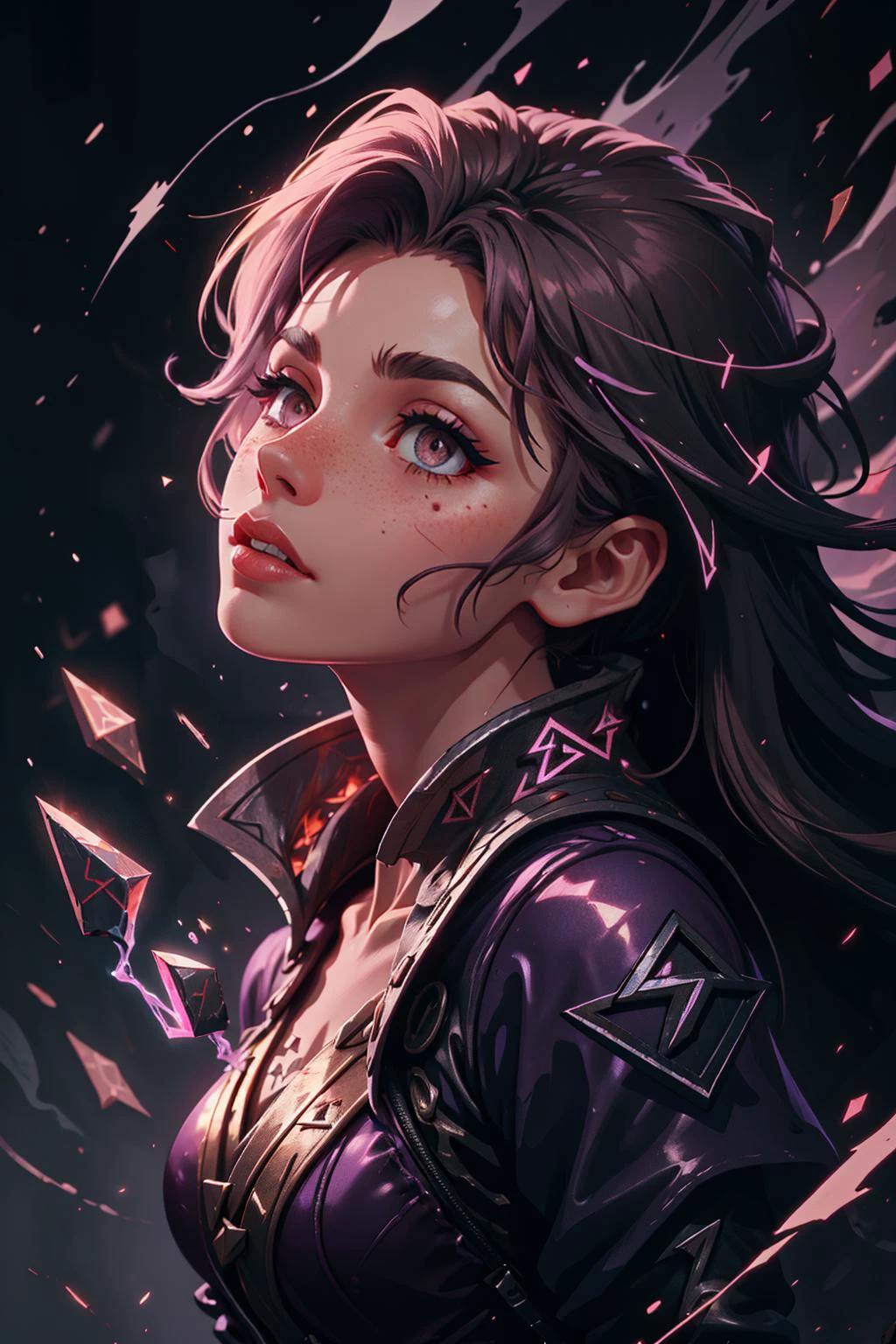 <lora:add_detail_v5:0.75>, <lora:stylesqueeze_v1b:1.0>, <lora:anime3d:0.5>, <lora:sharpen-soften:-0.5>,
1 girl, adult (elven:0.7) woman, freckles, black eyes, light brown quiff hair,
(style-swirlmagic:0.8), portrait, (bloody scars:0.7), looking up, solo, (full body:0.6), detailed background, (<lora:GlowingRunesAIv4:0.6>, GlowingRunes_pink, glowing runes theme:1.1), arcane spellcaster, trimmed orange robe, enchanted artifact, pursed lips, hair flowing in the wind, (dark purple lightning <lora:LightingVFX:0.1>), arcane fireball <lora:Fire_VFX:0.3>, mana, grim dark realistic lighting, open waste in background,