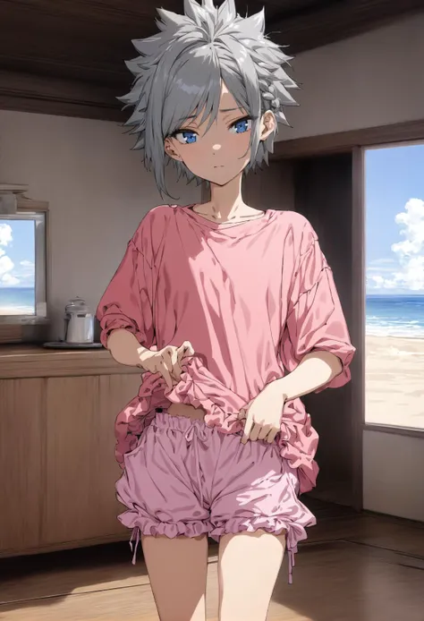 (masterpiece, best quality:1.2), 1girl, solo, very short hair, spiked hair, gray hair, braid, swept bangs, blue eyes, blue eyes, emotionless, pink bloomers, pink top, cowboy shot, indoors, full body, outdoors, beach<lora:Ange sdxl_lora:1><lora:MeMaXL_V2:0.8>