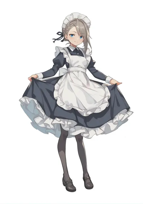 1girl apron black_footwear black_legwear blue_eyes braid dress full_body hat long_dress looking_at_viewer maid maid_apron shoes smile solo standing transparent_background white_headwear <lora:Ange AP:1>, score_9, score_8_up, score_7_up, score_6_up, score_5_up, score_4_up, BREAK source_anime, masterpiece