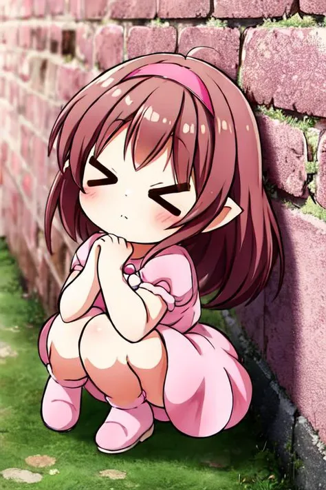masterpiece, best quality,ultra detail, <lora:anmnr01:0.3> <lora:add_detail:0.5>,<lora:GoodHands-vanilla:0.8>,1girl, petite,chibi<lora:pretty-bomber-without-helmet-v1:0.8>,pretty-bomber,brown hair, pink dress,pink headband, puffy short sleeves,brick wall,dutch angle,bomber,strong wind,(crouching,covering ears with hands,close eyes), <lora:hotarueye_comic1_v100:1>