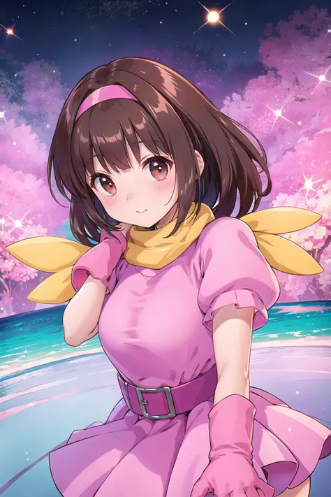 best quality, ultra-detailed, (1girl, solo, <lyco:pretty-bomber-without-helmet-v1:1>, pretty-bomber, brown hair, pink dress, puffy short sleeves), ocean floor,