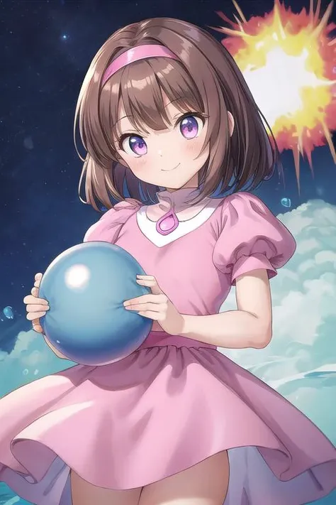 masterpiece, best quality,ultra detail, <lora:anmnr01:0.3> <lora:add_detail:0.5>,<lora:GoodHands-vanilla:0.8>,1girl, <lora:pretty-bomber-without-helmet-v1:0.7>,pretty-bomber,brown hair, pink dress, puffy short sleeves,blue bowling ball,evil smile,exploding