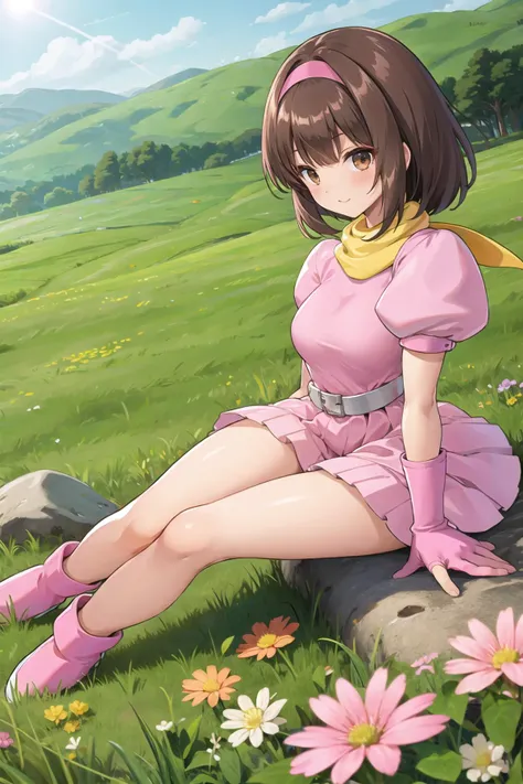 best quality, ultra-detailed, (1girl, solo, <lyco:pretty-bomber-without-helmet-v1:1>, pretty-bomber, brown hair, pink dress, puffy short sleeves, sitting on the meadow), grasslands,