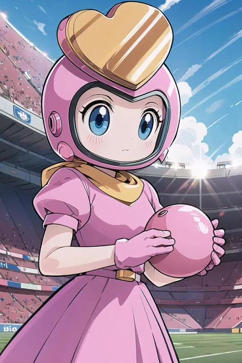 best quality, ultra-detailed, (1girl, solo,<lyco:pretty-bomber-with-helmet-v1:0.9>,pretty-bomber,pink dress, helmet, holding a black bomb, ), In the stadium, blue sky,