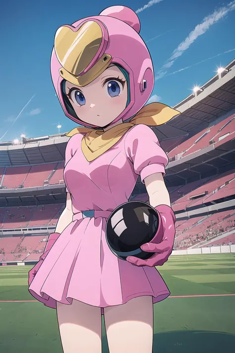 best quality, ultra-detailed, (1girl, solo,<lyco:pretty-bomber-with-helmet-v1:0.9>,pretty-bomber,pink dress, helmet,   holding a black bomb, ), In the stadium, blue sky,