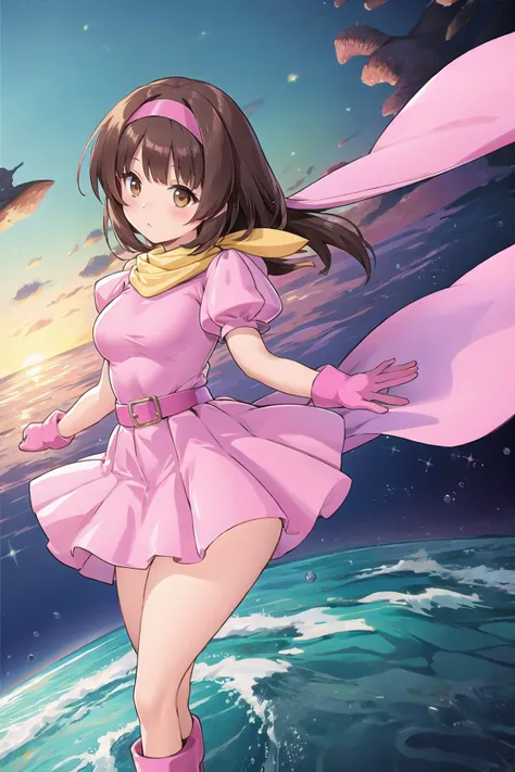 best quality, ultra-detailed, (1girl, solo, <lyco:pretty-bomber-without-helmet-v1:1>, pretty-bomber, brown hair, pink dress, puffy short sleeves), ocean floor,