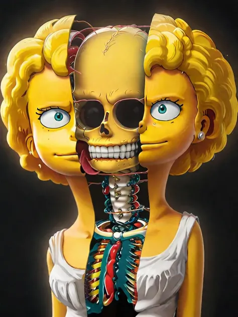 looking at viewer <lora:split2:1.1> split head and body of a Lisa Simpson, inside a skeleton, subsurface scattering, ultra hd, 4k, high def, Photorealistic, Hyperrealistic, Hyper detailed, analog style, realistic, masterpiece, best quality, ultra realistic, 8k, Intricate, High Detail, film photography, soft lighting, heavy shadow