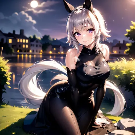 Masterpiece, 8k wallpaper, best quality, 1girl, CurrenChan, <lora:CurrenChan>, Black WeddingDress, smile, looking at the viewer, grass, blush, night, full moon,