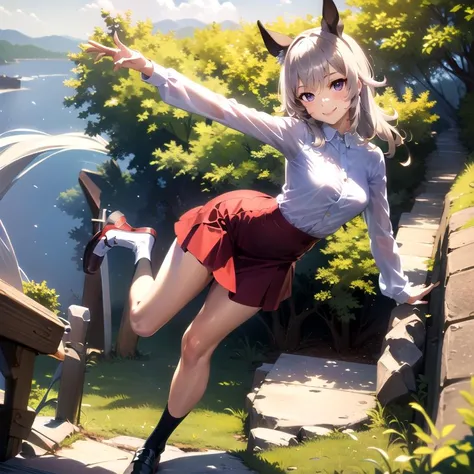 Masterpiece, 8k wallpaper, best quality, 1girl, CurrenChan, <lora:CurrenChan>, red skirt, white shirt, smile, looking at the viewer, grass,