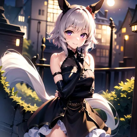 Masterpiece, 8k wallpaper, best quality, 1girl, CurrenChan, <lora:CurrenChan>, Black WeddingDress, smile, looking at the viewer, grass, blush, night, full moon,