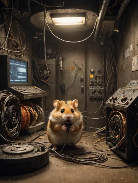 a (complaining:1.1) hamster tangled in wires performing poor maintenance by neglecting the hamster-wheel, (wasn't me i swear!:1.2), (server-room:1.3), server, cables, (sparks:1.2), can't win!, 404, loose graphics-cards, sharp, detailed, cinematic, epic scale, detailed, denial, confusion, (vocal:1.3), clutter, mess, side eyeing, fire, smoke, <lora:- SDXL - sharpdtls_lightatmo_V1.0:.6> CXL-Mech