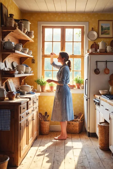 cxl-home, woman standing in farmhouse kitchen bright morning light shining through window
(photorealistic) (bokeh) (intricate de...