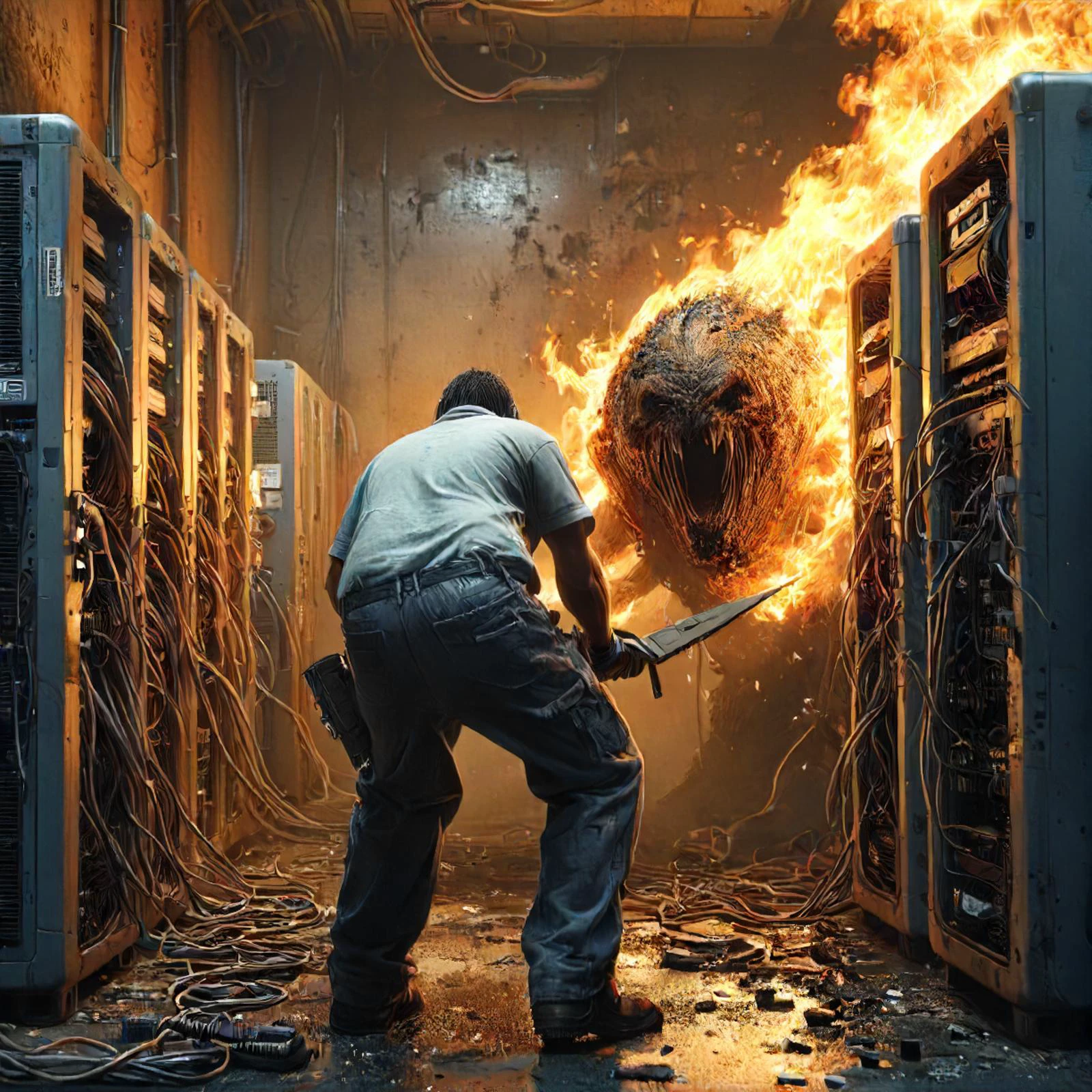 backside, a professional worker is fighting against an epic (server:1.1), (server-room:1.3), background in flames, server, cables, im'a going in! , Bosstyle CXL-Mech , sharp, detailed, cinematic, <lora:- SDXL - plmbcrk _plumbers_crack _V1.0:0.5>, <lora:cinexart:0.8>, <lora:XL_boss_battle:0.7>, <lora:Cables_SDXL:0.6> <lora:- SDXL - sharpdtls_lightatmo_V1.0:.4>