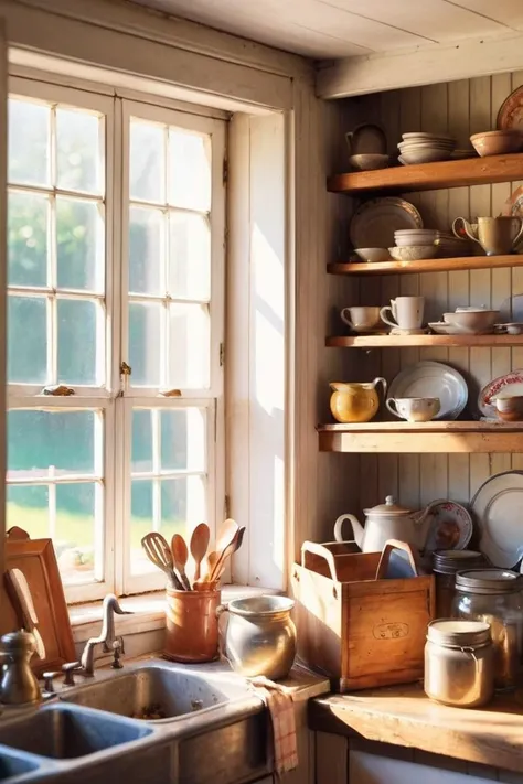 cxl-home, farmhouse kitchen  bright morning light shining through window
(photorealistic) (bokeh) (intricate details) (cinematic...