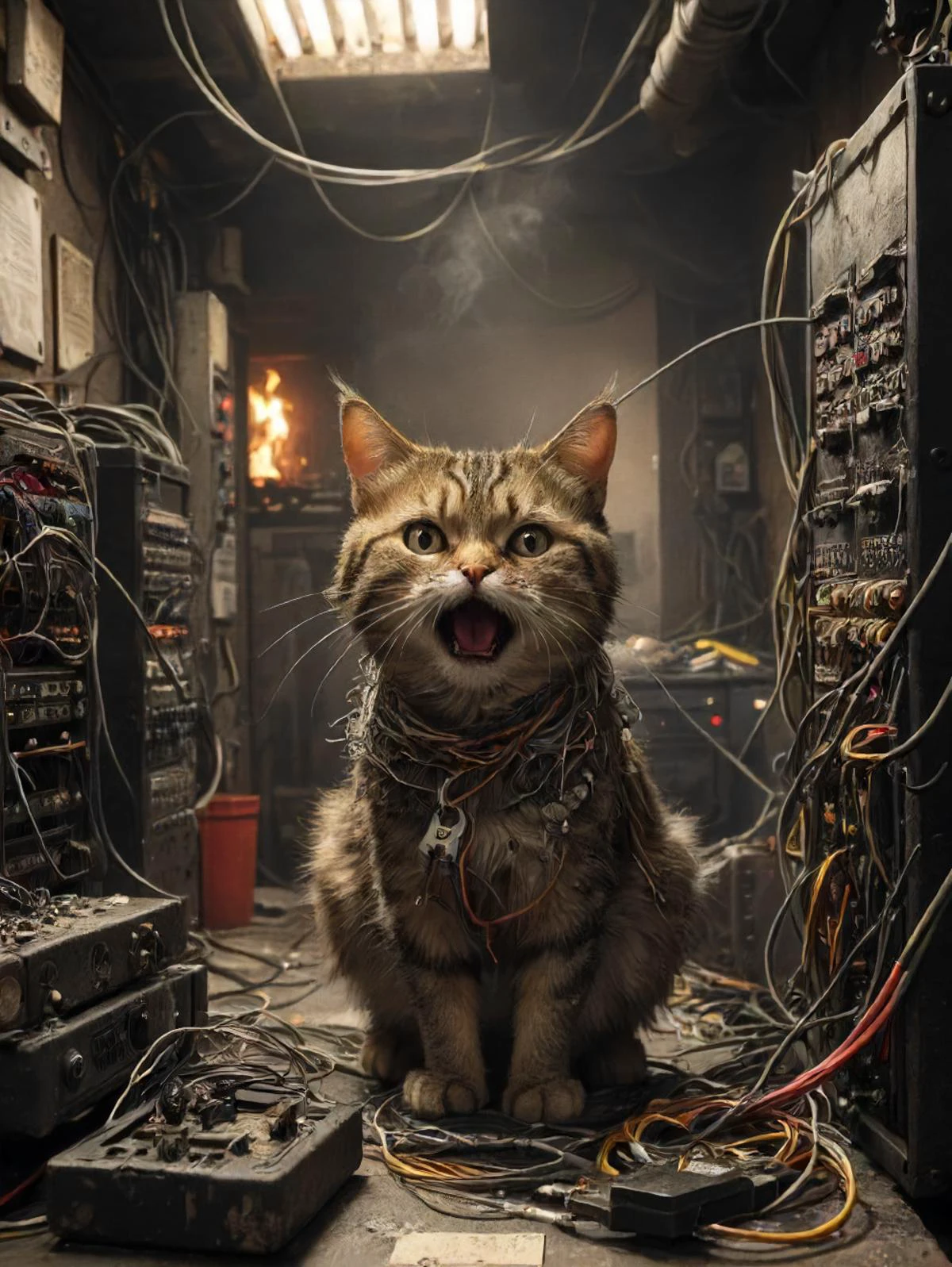 a (complaining:1.1) cat tangled in wires performing poor maintenance, (wasn't me i swear!:1.2), (server-room:1.3), server, cables, (sparks:1.2), can't win!, 404, loose graphics-cards, sharp, detailed, cinematic, epic scale, detailed, denial, confusion, (vocal:1.3), clutter, mess, side eyeing, fire, smoke, <lora:- SDXL - sharpdtls_lightatmo_V1.0:.6> CXL-Mech