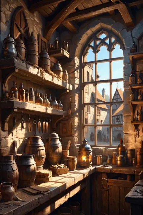 cxl-home, medieval town tavern interior bright morning light shining through window
(illustration:1.2) (best quality:1.2) (detai...