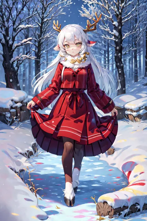 A monster girl,1girl, electric white hair, deer ears ,deer tail, forest, curious expression, soft fur,forest environment,mysterious enchanting atmosphere,(long skirt:1.5) ,(yellow pantyhose stocking:1.2)<lora:detail_slider_v4:2> ,magical, winter, realm, snow falls,enchanted landscape, fantasy scene,wonders, cool hues,snowflakes,walking, trail, snowy, surrounded snow covered, trees, fantastical, creatures, soft winter light,wonderland, fantasy world,beauty,(gold eyes:1.4),(deer:1),(face close up:1),(deer horns),(Snowy eyebrows)<lora:satyr_cpt_v01:1.5>satyrcpt,(hooves),animal ears,legfur