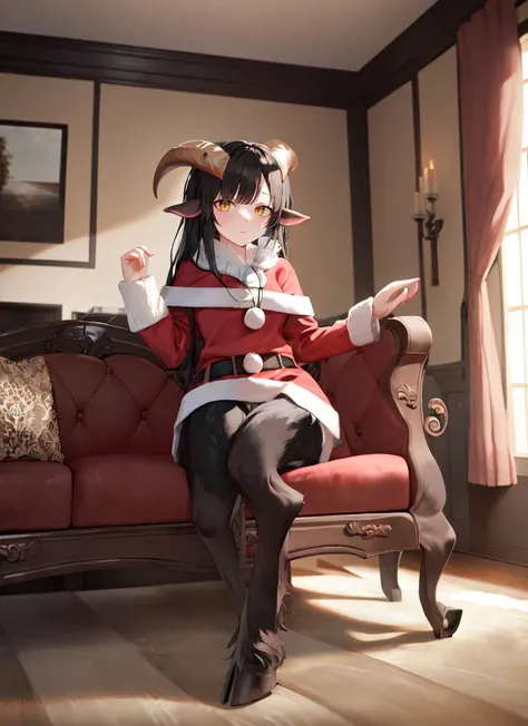 ((best quality)), ((highly detailed)), masterpiece, absurdres, (detailed eyes, deep eyes), (1girl), Forced Perspective, dynamic pose, full body, <lora:aiomonstergirls_aiov4LoraLycoris:.9>, <lora:satyr_cpt_v01:.7>, satyrcpt, (satyr), black hair, yellow eyes, horns, animal ears, (goat horns), (goat legs), <lora:hoovedlegs:1>, hooved legs, (furry legs), hooves, medium breasts, santa dress, santa hat, (inside, at a living room)