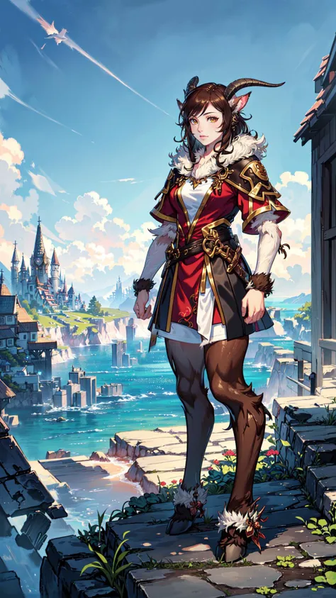 sehele style, <lora:sehele:0.4>, (((full body view))), satyrcpt, satyr, horns, (legfur:1.8), animal ears, (hooves),  <lora:satyr_cpt_v01:0.7>, (((adventurer))), brown hair, 8k, 16k, trending on pixiv, fanbox, skeb, masterpiece, detailed face, digital painting, (((fantasy town background)))